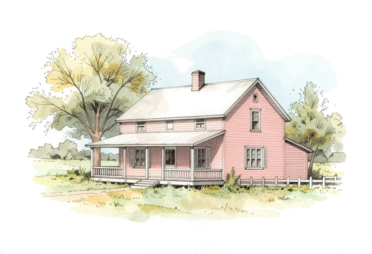 Watercolour of the pink farmhouse with a front porch